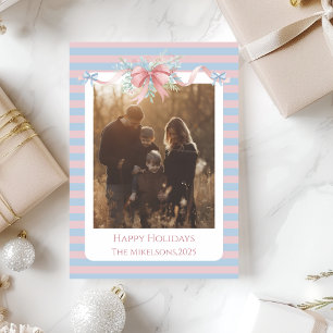 Photo Pastel Ribbon Pine Family Christmas Holiday Card