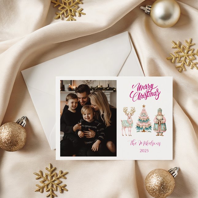 Photo Pastel Santa and Reindeer Christmas Holiday Card (Creator Uploaded)