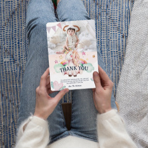 Photo Pastel Unicorn Kids Birthday ThankYou Card