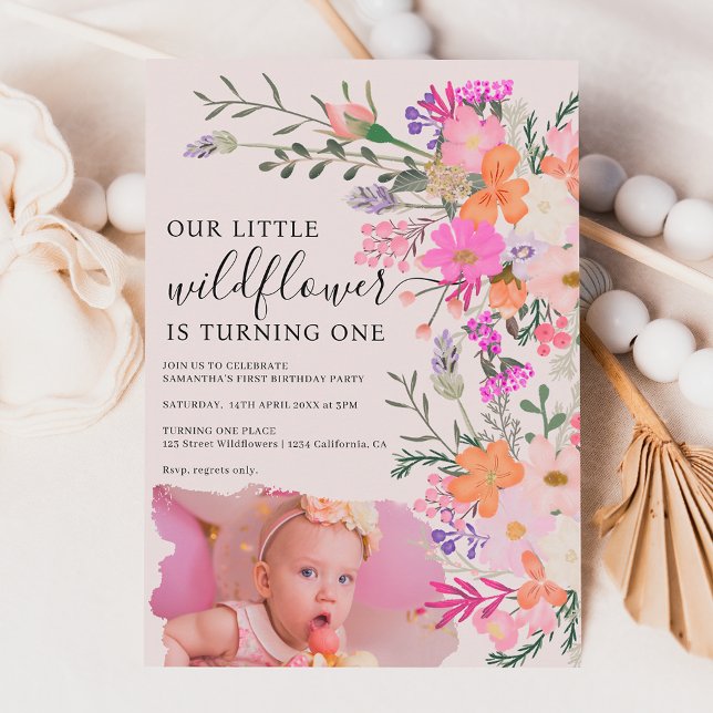 Photo pastel wildflower spring 1st birthday invitation (Creator Uploaded)