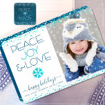 Photo Peace Joy Love Script Snowflake Modern Holiday Card<br><div class="desc">“Peace, joy & love.” A fun, playful, snowflake illustration and modern typography on a white background help you usher in the holiday season, along with the custom photo of your choice. Faux turquoise foil confetti dots frame the card. Feel the warmth and joy of the holidays whenever you send this...</div>