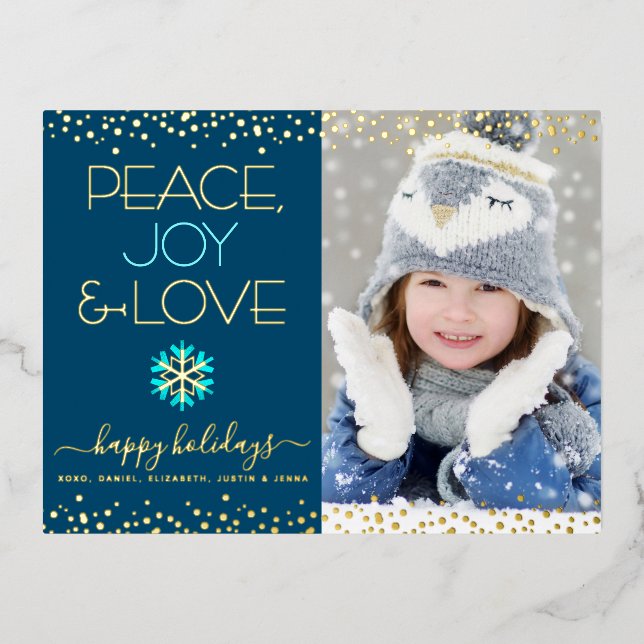 Photo Peace Joy Love Snowflake Navy Blue Real Gold Foil Holiday Postcard (Front)