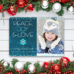 Photo Peace Joy Love Snowflake Teal Blue Christmas Holiday Card<br><div class="desc">“Peace, joy & love.” A fun, playful, snowflake illustration and modern typography on a rich, deep teal blue marble watercolor background help you usher in the Christmas season, along with the custom photo of your choice. Faux turquoise foil and white confetti dots frame the card. Feel the warmth and joy...</div>