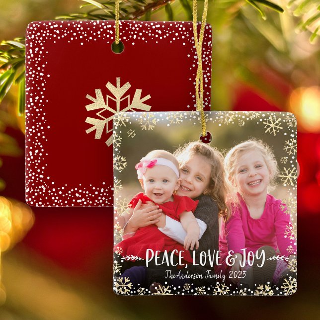 Photo Peace Love Joy Chic Gold Snowflake Christmas Ceramic Ornament (Creator Uploaded)