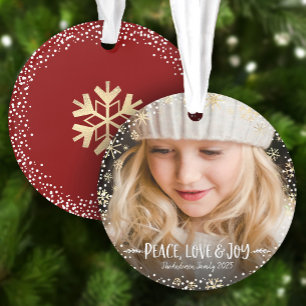 Photo Peace Love Joy Gold Snowflake Chic Christmas Ornament
