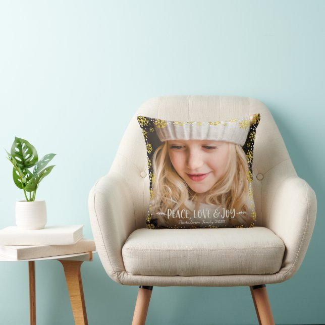 Photo Peace Love Joy Gold Snowflake Custom Holiday Cushion (Chair)
