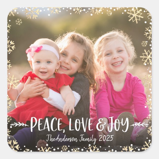 Photo Peace Love Joy Gold Snowflake Elegant Custom Square Sticker (Front)
