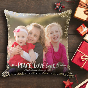 Photo Peace Love Joy Gold Snowflake Elegant Script Cushion
