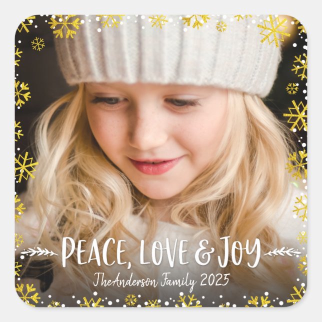 Photo Peace Love Joy Gold Snowflake Holiday Custom Square Sticker (Front)
