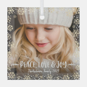Photo Peace Love Joy Gold Snowflake Modern Holiday Glass Tree Decoration
