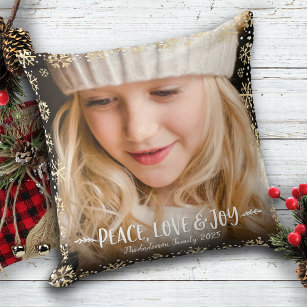 Photo Peace Love Joy Gold Snowflakes Bold Elegant Cushion