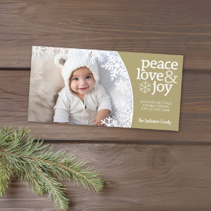 Photo - Peace Love Joy - gold white snowflakes Holiday Card