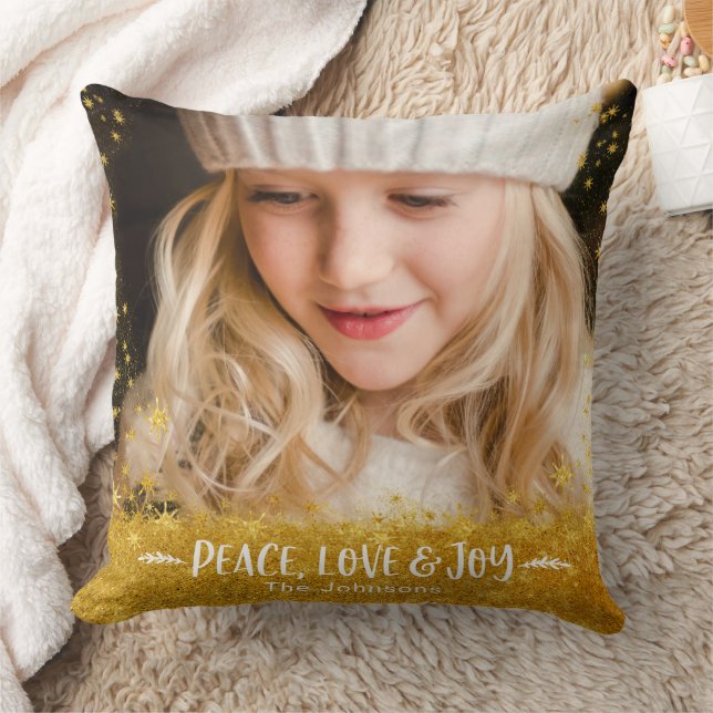 Photo Peace Love Joy Quote Gold Stars Holiday Name Cushion (Blanket)