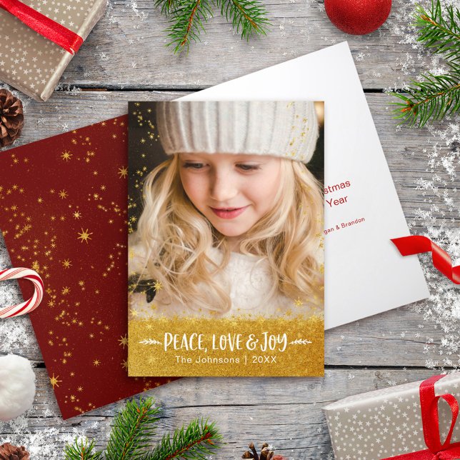 Photo Peace Love Joy Quote Script Gold Star Modern Holiday Card (Creator Uploaded)