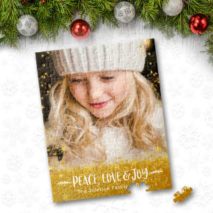 Photo Peace Love Joy Typography Gold Stars Glitter Jigsaw Puzzle