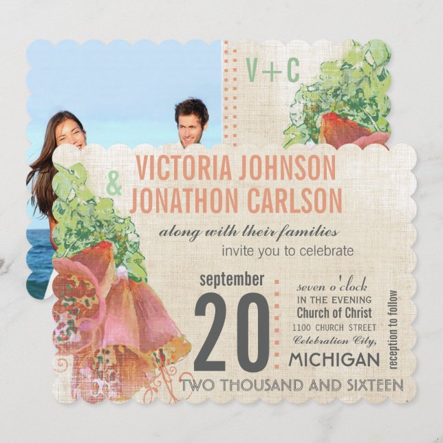 Photo Peach and Mint Wedding Typography Wedding Invitation (Front/Back)