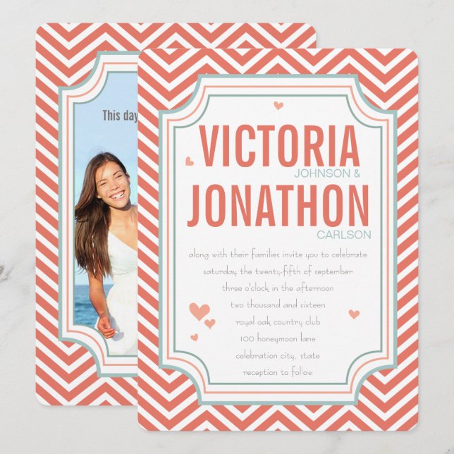 Photo Peach and Mint Zig Zag Typography Wedding Invitation (Front/Back)