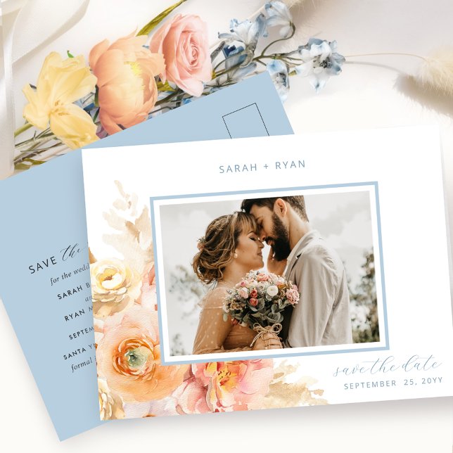 Photo Peach Blush and Blue Wedding Save the Date Announcement Postcard (Creator Uploaded)