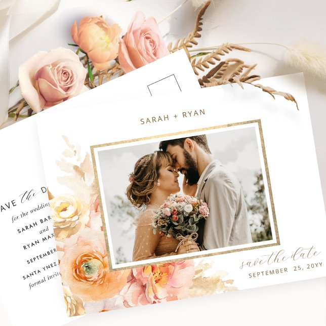 Photo Peach Blush Cream Gold Wedding Save the Date Announcement Postcard (Creator Uploaded)