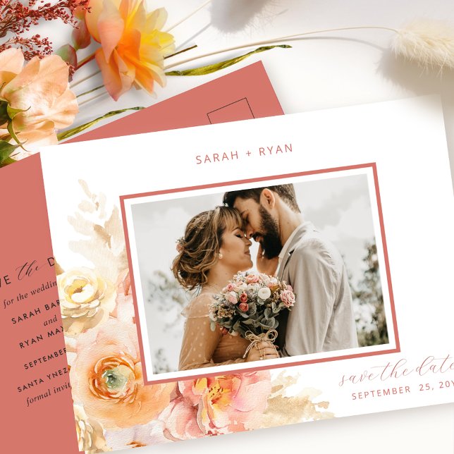 Photo Peach Blush Rust Wedding Save the Date Announcement Postcard (Creator Uploaded)