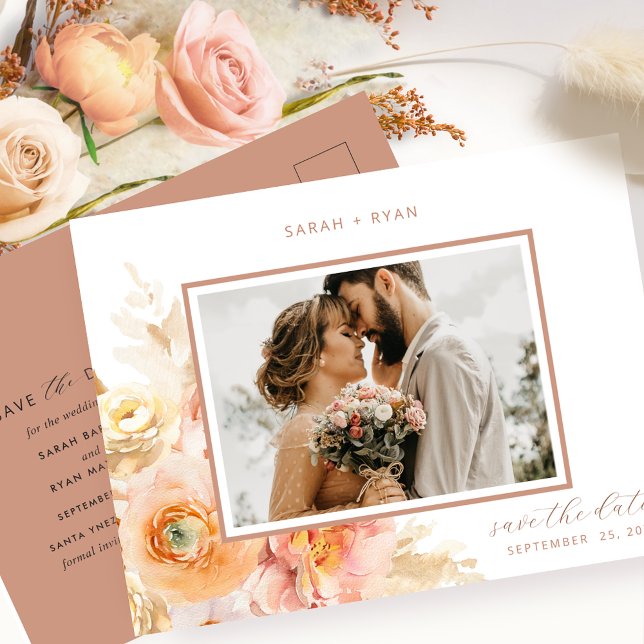 Photo Peach Blush Terracotta Wedding Save the Date Announcement Postcard (Creator Uploaded)