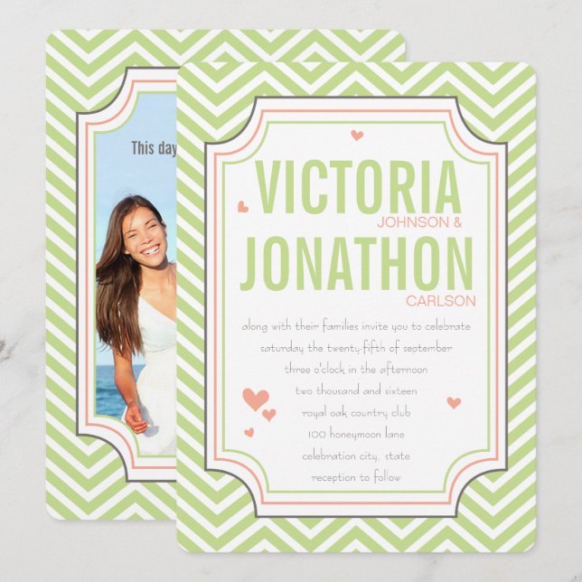 Photo Peach Lime Zig Zag Typography Wedding Invitation (Front/Back)