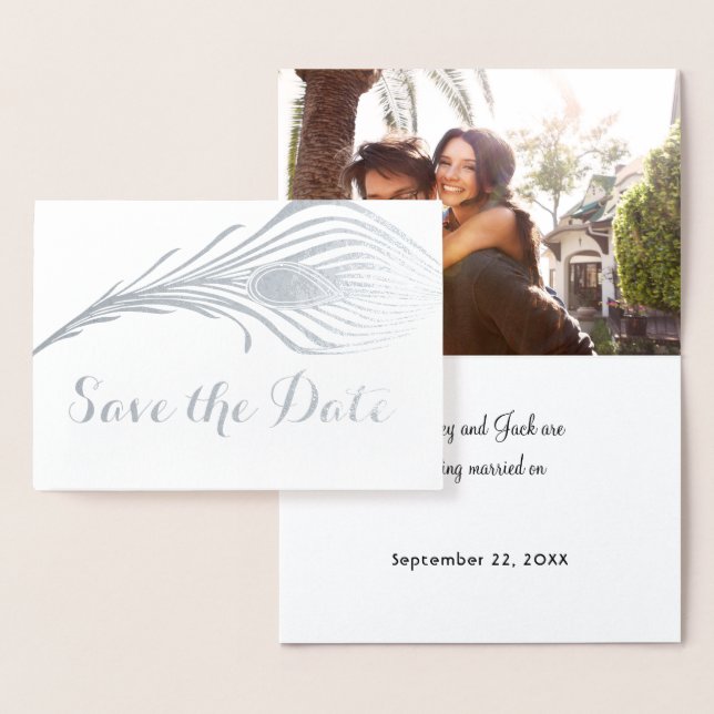 Photo Peacock Save the Date Typography Silver Foil Card (Display)