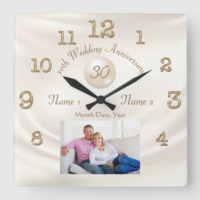 Photo Personalised, 30th Anniversary Gift, PEARL Square Wall Clock (Front)