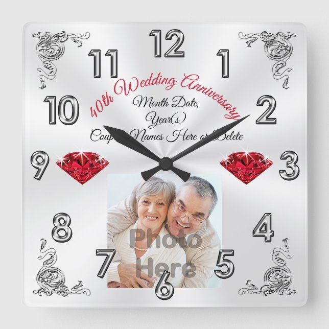 Photo Personalised 40 Years of Marriage Gift Ideas Square Wall Clock (Front)