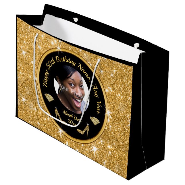 Photo Personalised, 50th Birthday Gift Bags, Her Large Gift Bag (Front Angled)