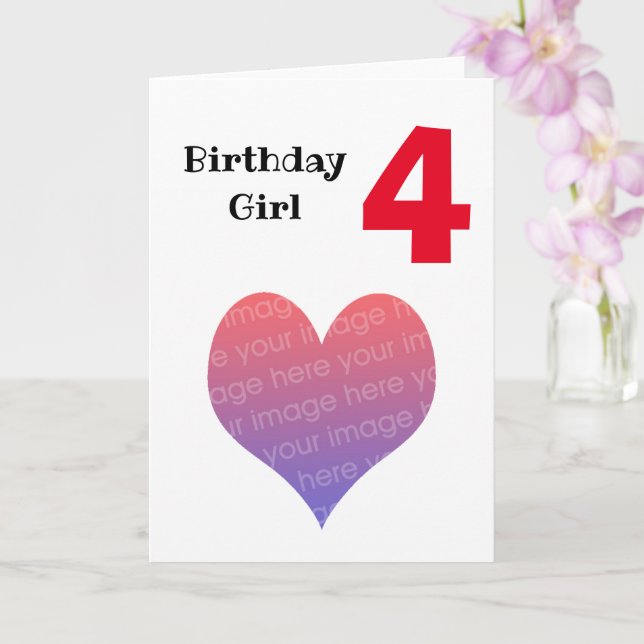 Photo personalised birthday girl (age 4) card (Orchid)