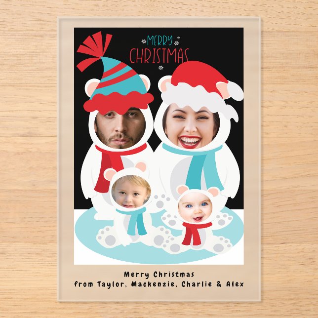 Photo Personalised Christmas Polar Bear Family Acrylic Invitations (Front)