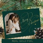 Photo personalised Merry Christmas script gold Foil Holiday Card<br><div class="desc">Elegant stylish Merry Christmas real gold classic calligraphy script family photo green holiday card with your custom personalised text on both sides. PLEASE NOTE that the background colour is editable. You can change it after selecting CUSTOMIZE option down below the PERSONALIZE IT menu. If you don't feel at ease changing...</div>