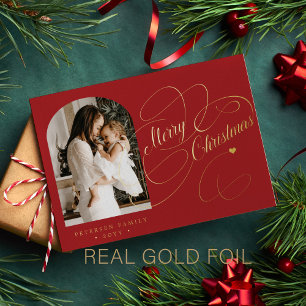 Photo personalised Merry Christmas script gold Foil Holiday Card