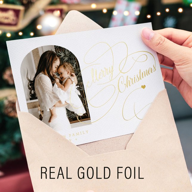 Photo personalised Merry Christmas script gold Foil Holiday Card (Creator Uploaded)