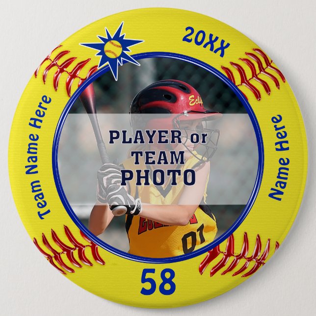 Photo Personalised Softball Pins, Softball Favours 6 Cm Round Badge (Front)