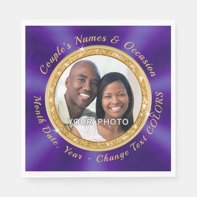 Photo Personalised Wedding Napkins, Purple, Gold Napkin (Front)