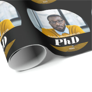Photo PhD Degree Name Black Graduation Wrapping Paper