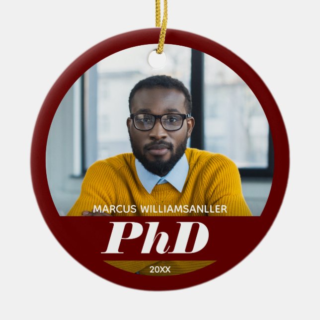 Photo PhD Degree Name Burgundy Graduation Ceramic  Ceramic Tree Decoration (Front)