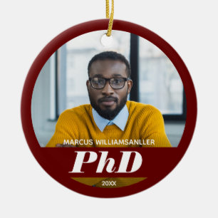 Photo PhD Degree Name Burgundy Graduation Ceramic  Tree Decoration