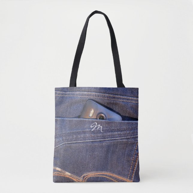 Photo Phone in blue demin jeans monogram Tote Bag (Front)