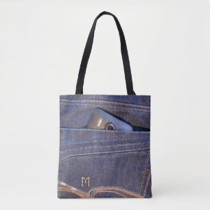 Photo Phone in blue demin jeans pocket monogram Tote Bag