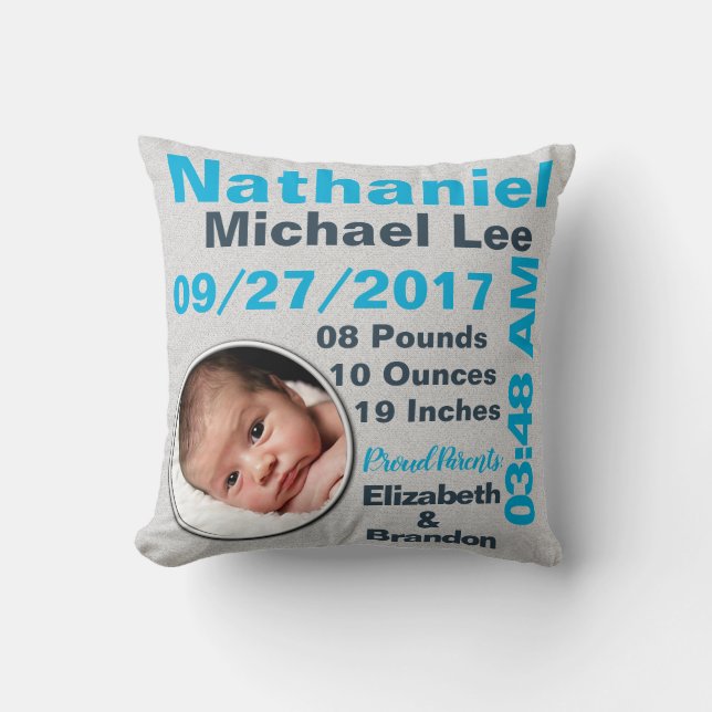 Photo Photograph Personalised Birth Stats Cushion (Front)