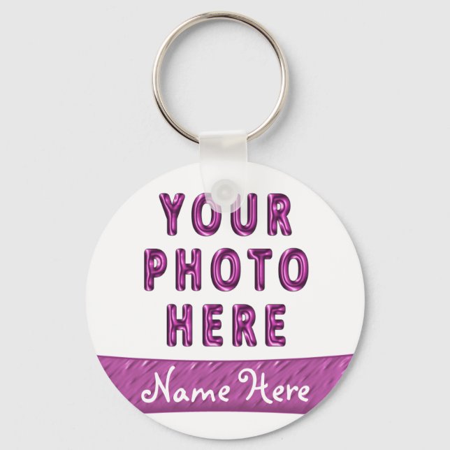 Photo Picture Keychains with Name on Pink Banner (Front)