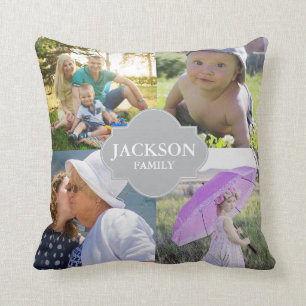Photo Pillows, 4 collage photos with family name Cushion