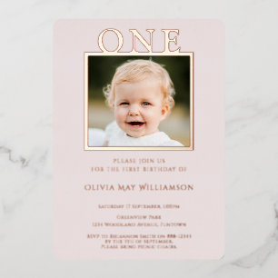 Photo Pink 1st Birthday Gold Foil Invitation