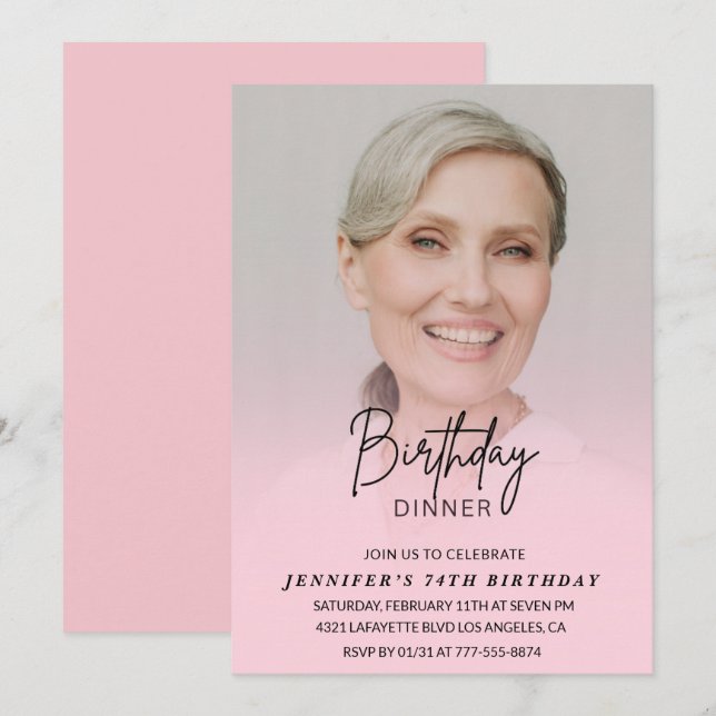 Photo Pink 74th birthday invitations Dinner (Front/Back)