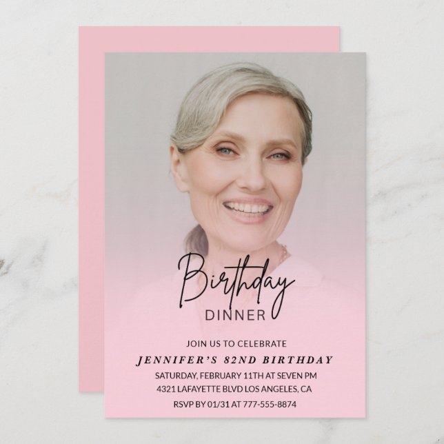Photo Pink 82nd birthday invitations Dinner (Front/Back)