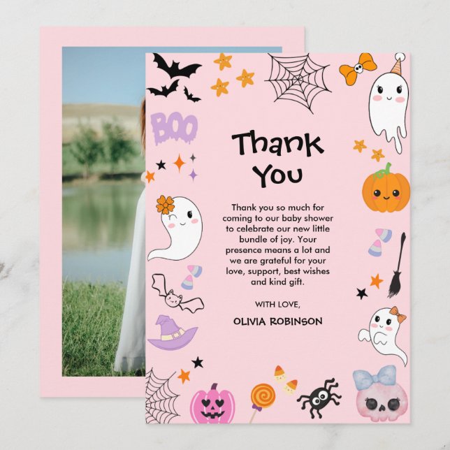 Photo Pink A Little Boo Cute Halloween Baby Shower Thank You Card (Front/Back)
