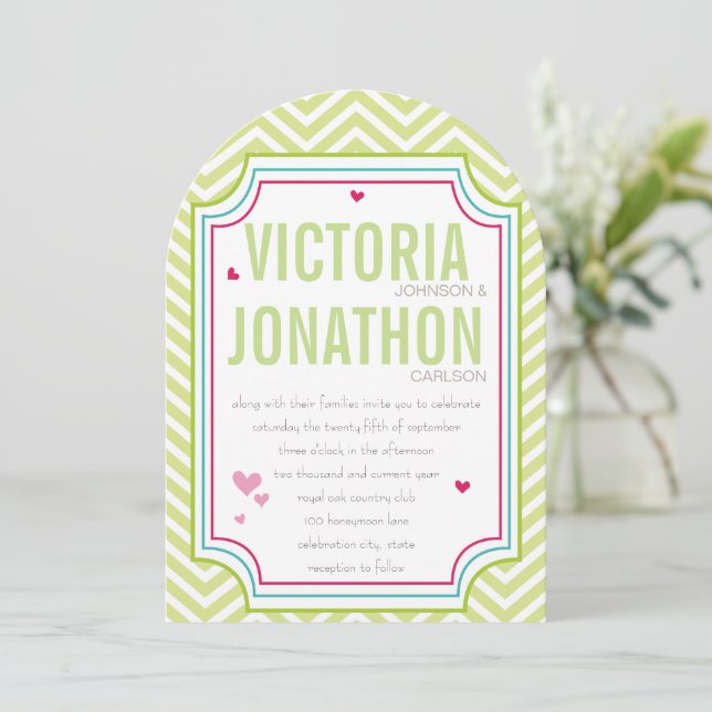 Photo Pink Aqua Lime Zig Zag Typography Wedding Invitation (Standing Front)